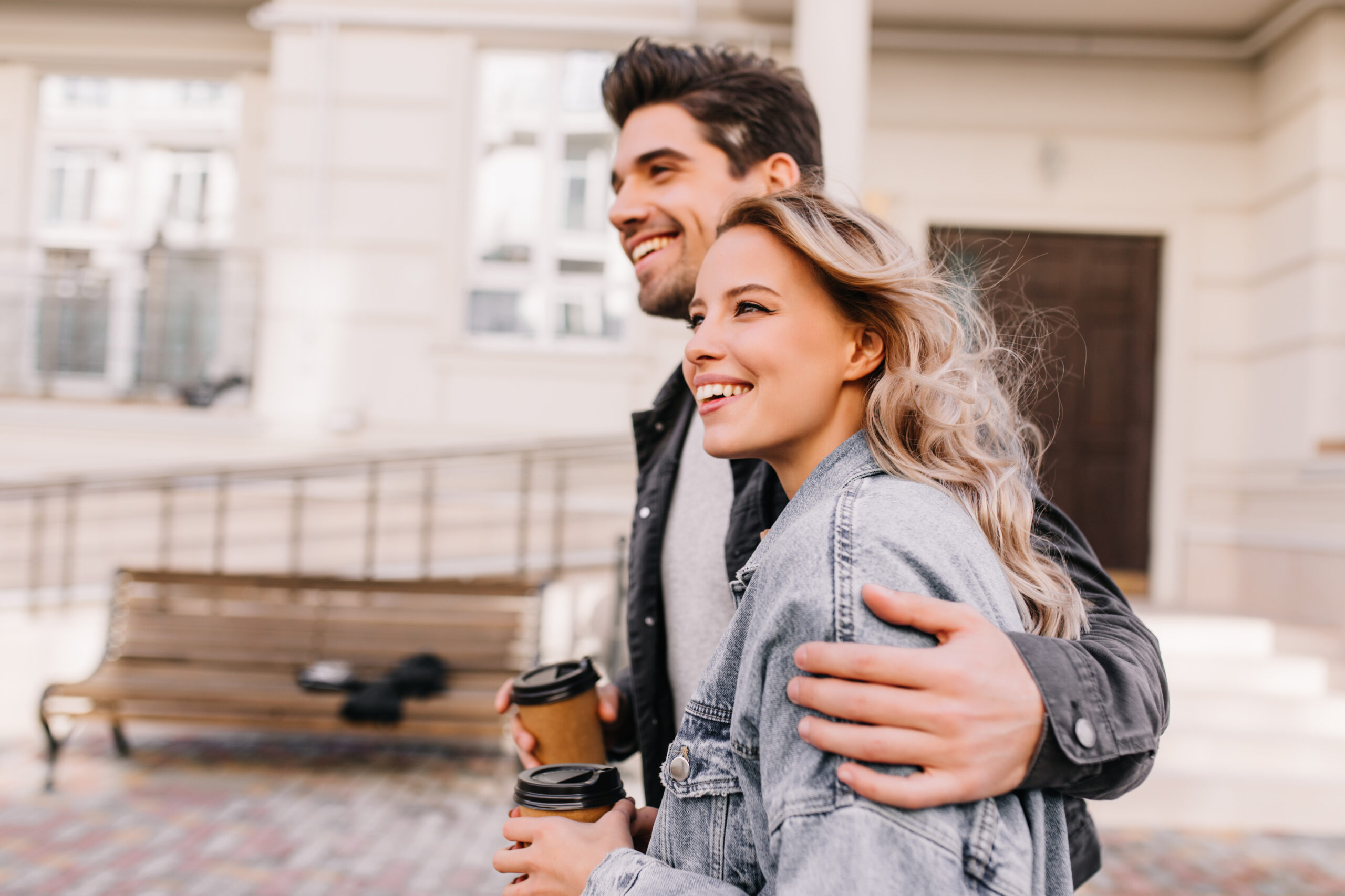 Interested,Girl,Drinking,Coffee,During,Walk,With,Boyfriend.,Outdoor,Photo Work colleges partying
